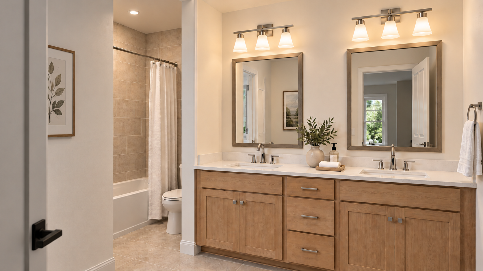 Two three-light vanity fixtures with all shades facing down above bathroom mirrors
