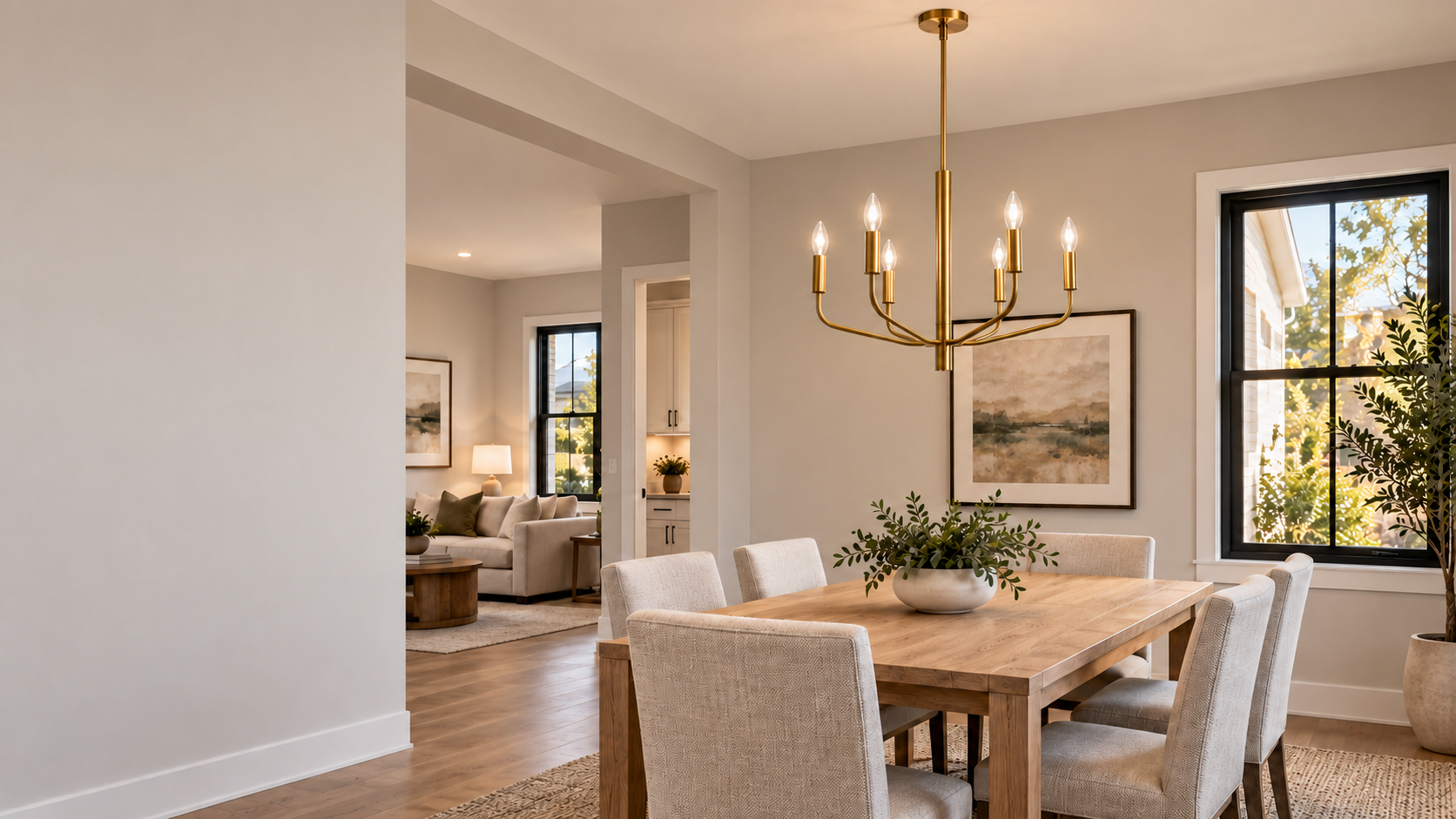 A brass six-light chandelier over an oak dining table in a new home