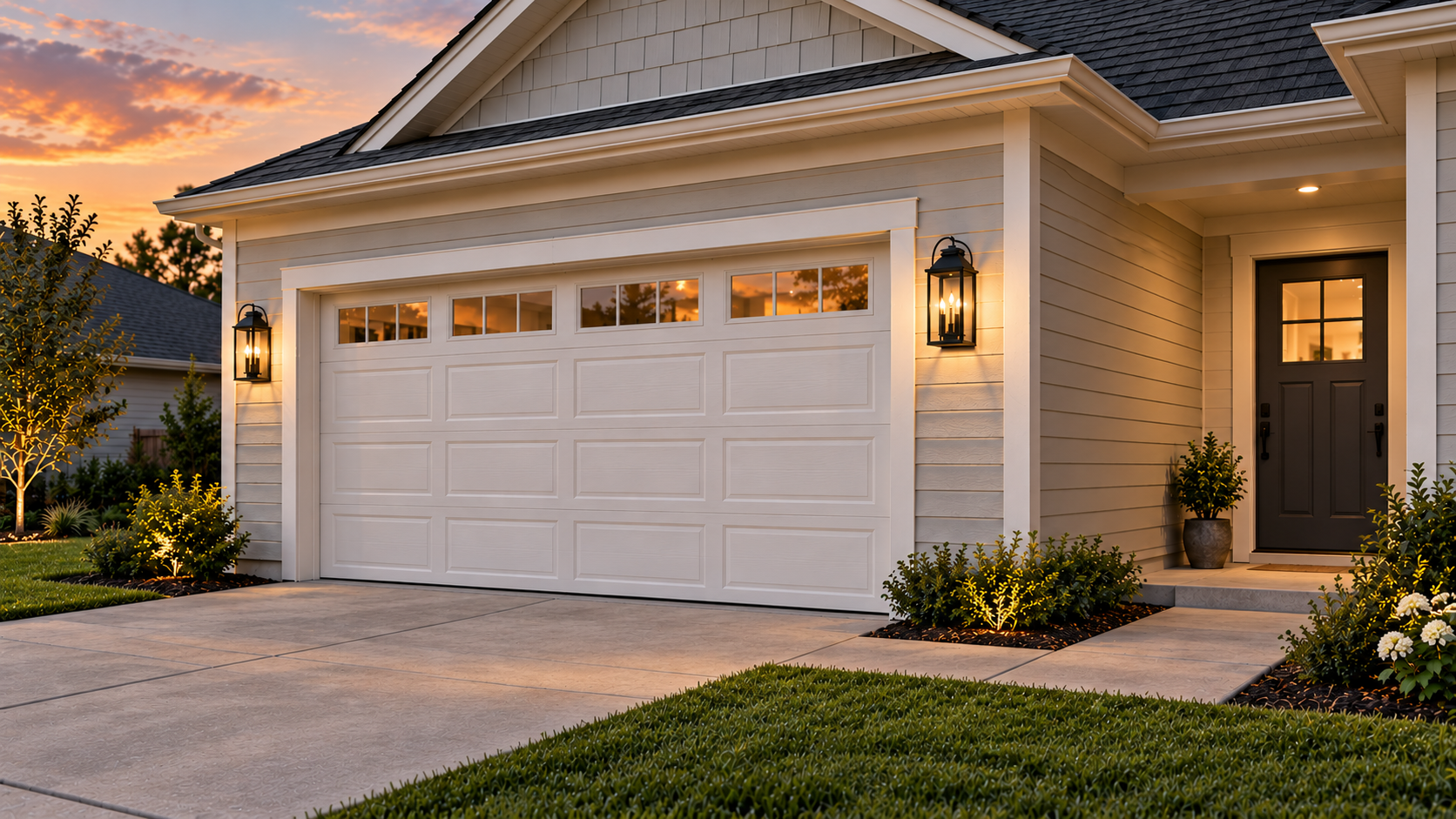 Warm black coach lanterns flanking a garage on a modest suburban home at dusk