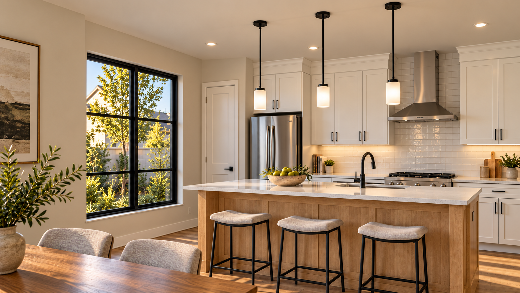 Three individual black pendants with frosted shades over a kitchen island